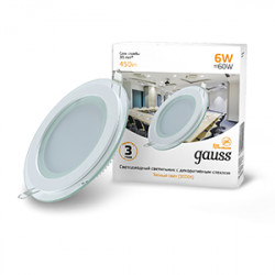 Светильник Gauss Glass круг 6W 450lm 3000K 220-240V IP20 монт Ø70 100*35 с дек стеклом LED 1/40